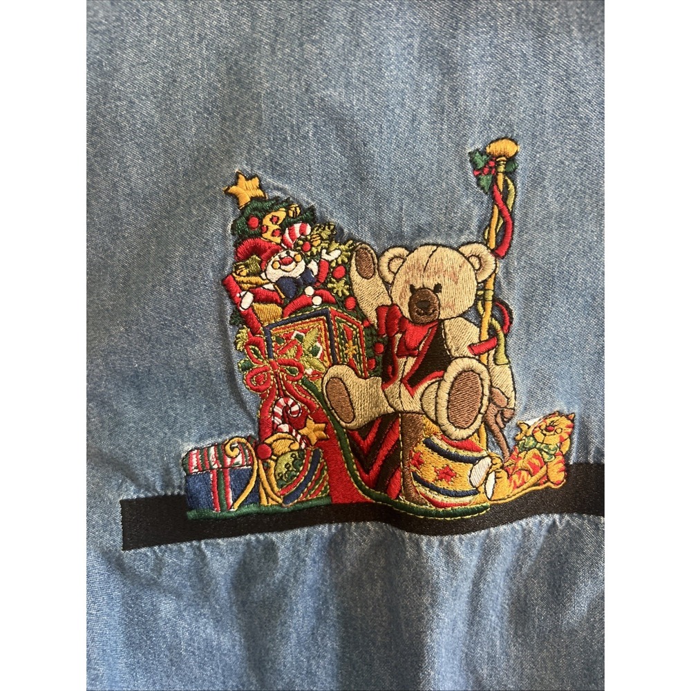 Vintage 90s Denim Christmas Button Shirt XXL 20 Embroidered Teddy Bears Gifts - Picture 5 of 6
